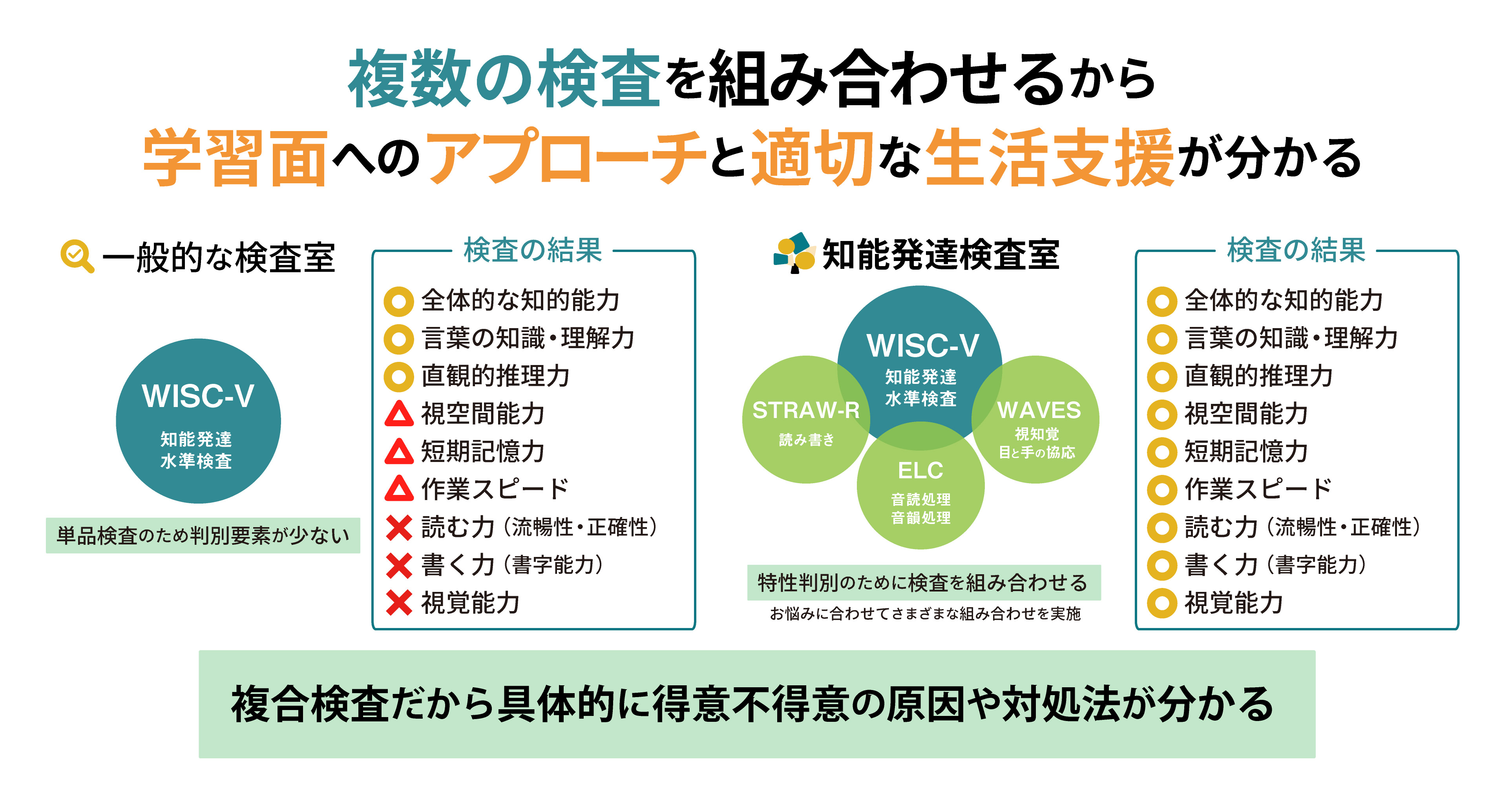 一般的な知能検査との違い。複数の検査を組み合わせるから学業面へのアプローチと適切な支援が分かる。